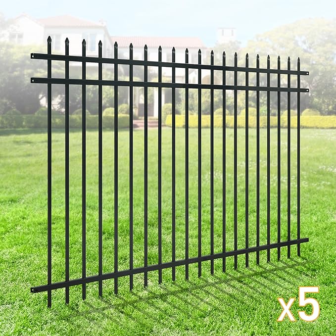 Fencer Wire Pack of 5 Heavy Duty Pinnacle Fence Barrier Panel, 5FT Height X 8FT Width Anti-Rust Metal Fencing Panel, 2” Diameter Steel Outdoor Decorative Garden Fence Panel for Yard, Pool, Patio