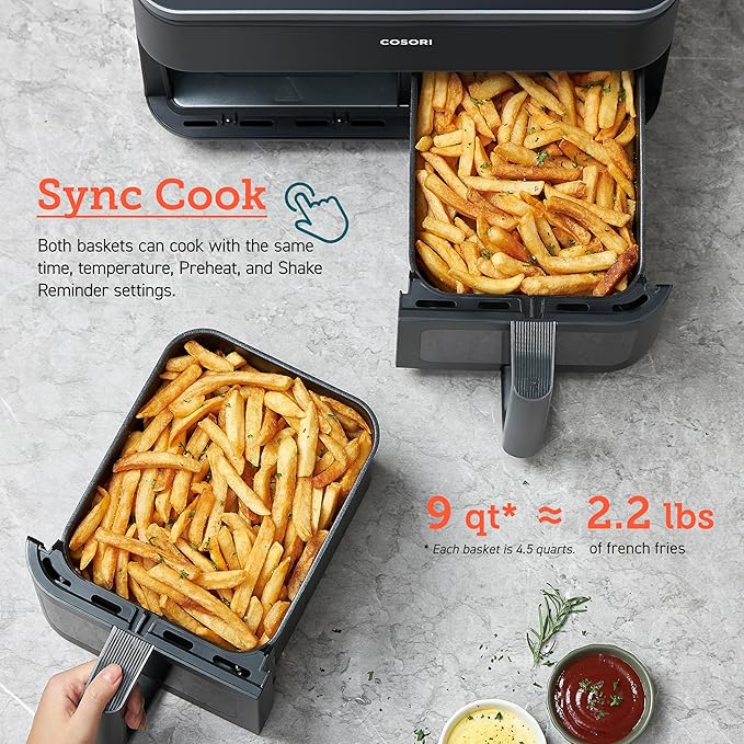 COSORI 9Qt 8-in-1 Dual Air Fryer, Multi-dish Cooking at Once for Family and Couple with Double Baskets, Bake, Roast, Reheat, Broil, Dry & 130 Recipes for Easy and Crispy Meals, Dishwasher Safe