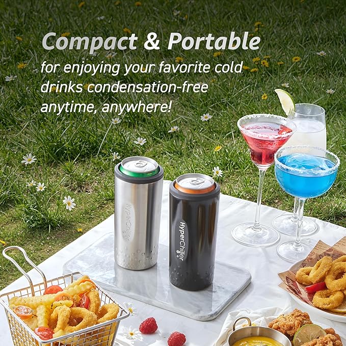 HyperChiller NEW SLIM HBC100SB, Dual Wall Vacuum Insulated, Slim Can Cooler, Beer, Soda, Energy Drinks, Seltzer, Wine Cooler, Fits All Standard 12 OZ Slim Cans, Cup Holder Friendly, Black