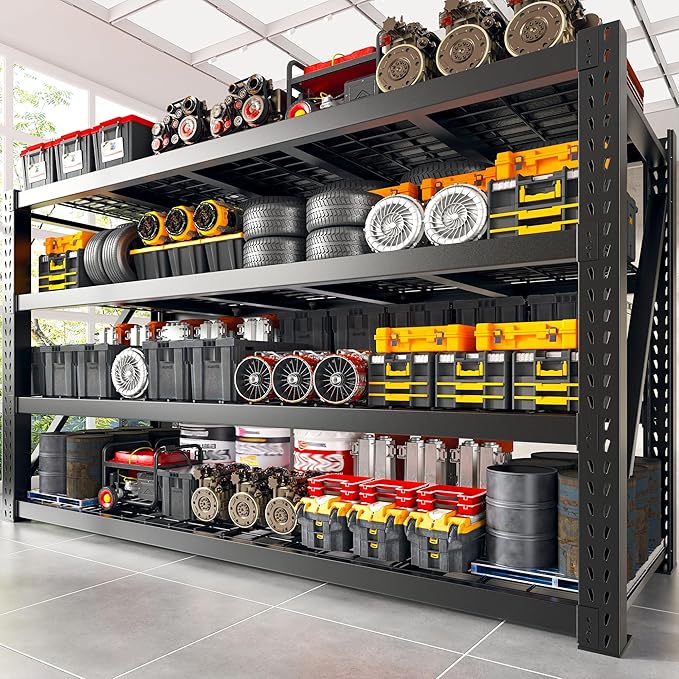 Bepatio 77" W Storage Shelves Heavy Duty Garage Shelving 8000LBS 4 Tier Metal Shelving Unit, Adjustable Shelves, Steel Industrial Shelving for Basement Warehouse Commercial,77" W*24" D*72”H,Black