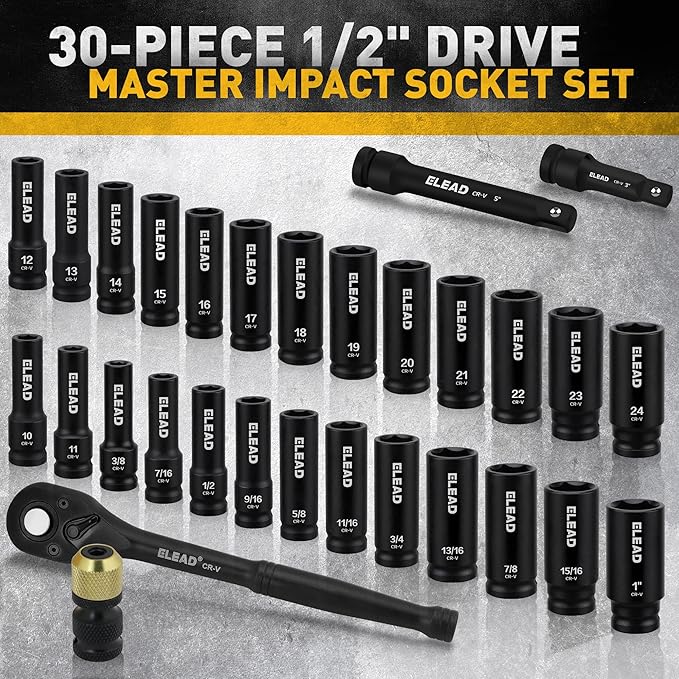 ELEAD 1/2" Drive Deep Impact Socket Set: 30-Piece Standard SAE (3/8 to 1 Inch) and Metric (10-24mm) Size, 3" and 5" Drive Extension Bar, Ratchet Handle, Bit Adapter, CR-V Steel for Auto Repair