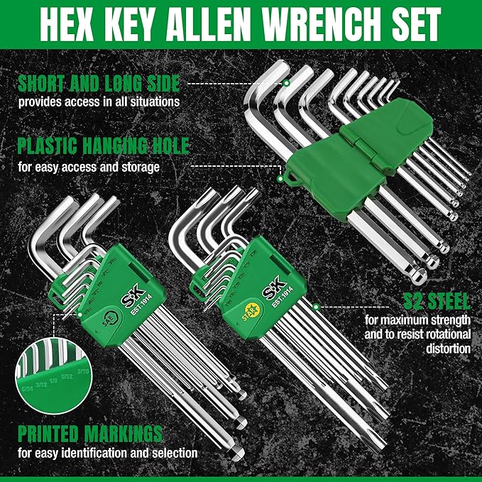 SK 27-Piece Allen Wrench Set, Metric/SAE/Star Hex Key Set, L-Shaped, S2 Steel