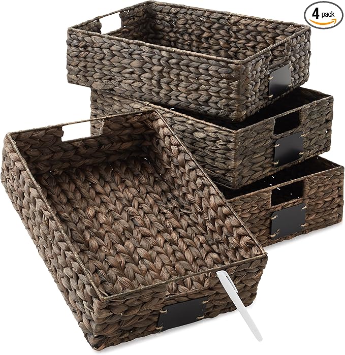 Casafield Set of 4 Water Hyacinth Pantry Baskets, 12-1/2" x 17" x 5", with Chalkboard Labels and Chalk Marker - Espresso, Woven Storage Bin Organizers for Kitchen Shelves