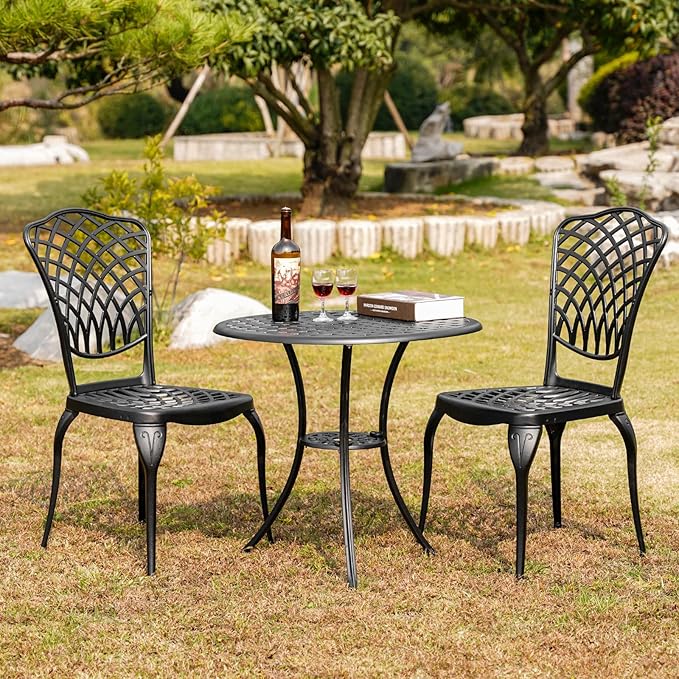 Bronze Patio Bistro Set - 3 Piece Outdoor Cast Aluminum Furniture, Large Table & Chairs, Weather Resistant, Adjustable Foot Pads, Umbrella Hole