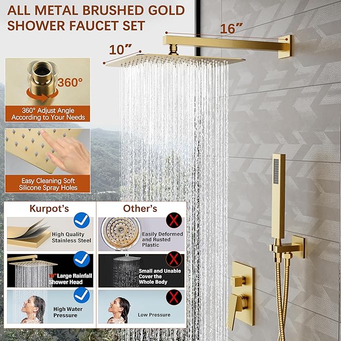 Gold Shower System, 10'' Square Rainfall Shower Head with Handheld Combo Spray, Bathroom Brushed Gold Shower Faucet Set with Valve, 59'' Shower Hose, Shower Trim Kit and Diverter, Wall Mounted