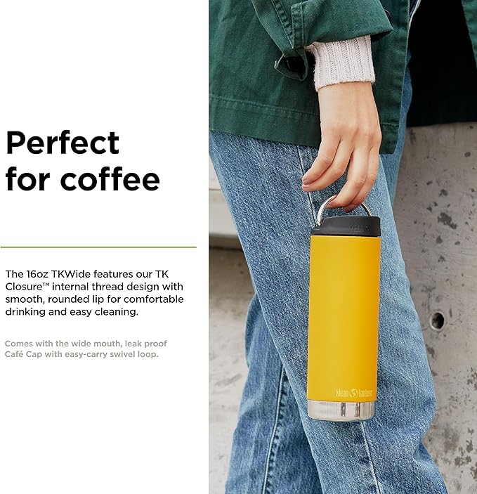 Klean Kanteen TKWide Insulated Coffee Tumbler with Café Cap - Stainless Steel Coffee Tumbler - 16 Oz, Marigold