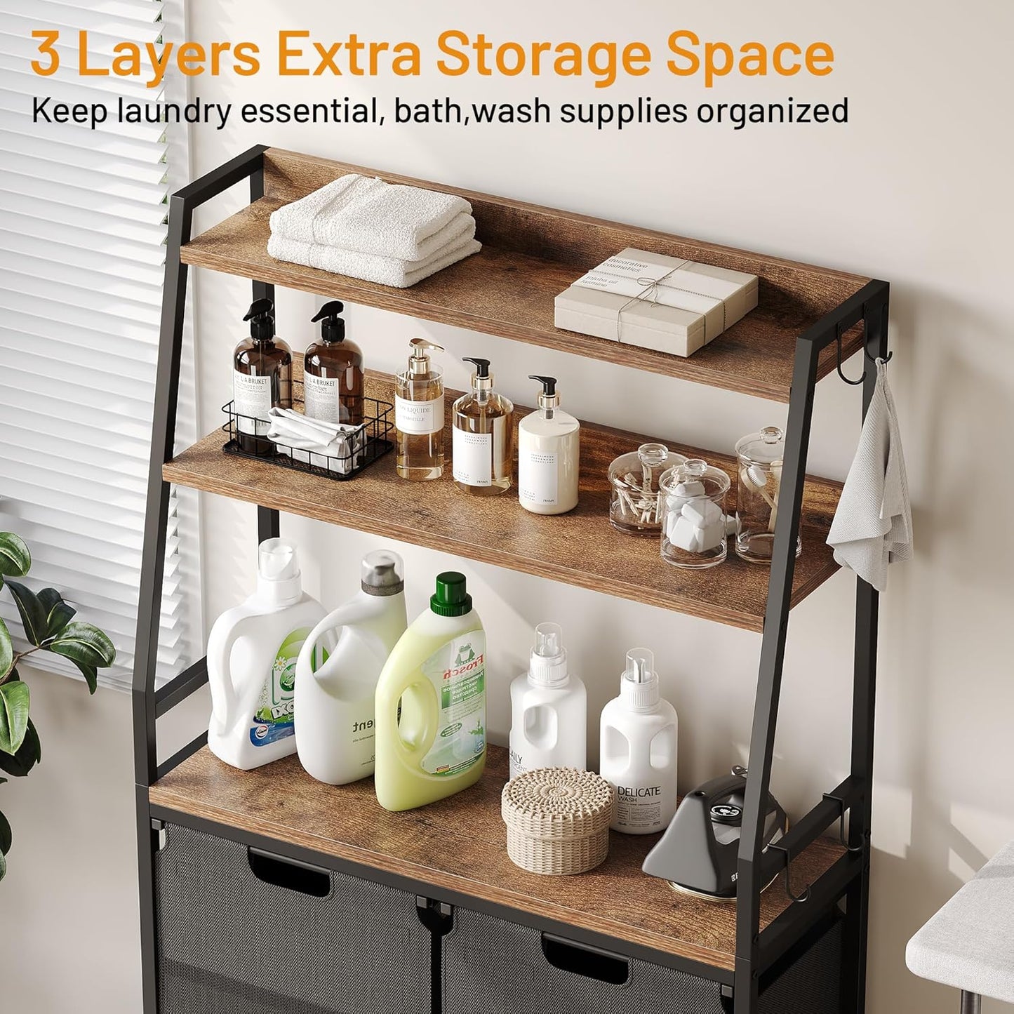 Lulive Double Laundry Hamper with Shelf, Laundry Basket with 3 Tier Storage Shelves & 4 Removable Hooks, Tall Laundry Sorter Clothes Hamper with Pull-Out Bags for Bathroom, Laundry Room