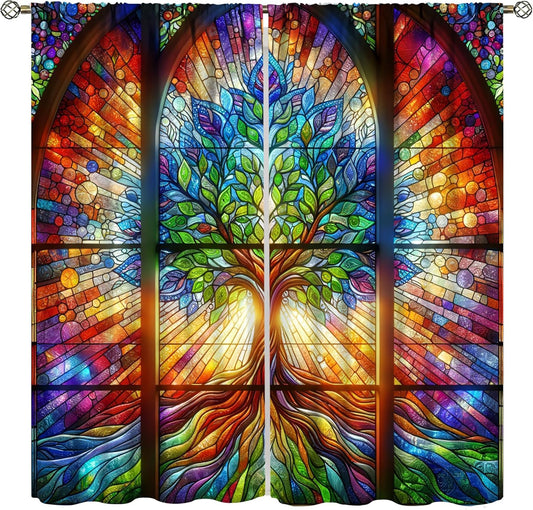 Stained Glass Curtains,Tree of Life Colorful Abstract Art Home Decor Drapes for Bedroom Living Room Kitchen Window Treatment 2 Panels Set Total Size 42" W X 54" L Inch