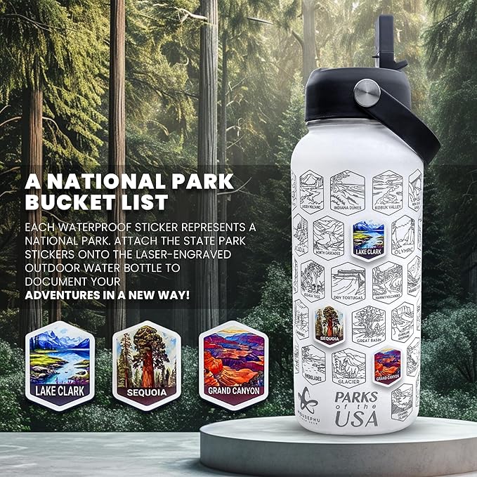 National Parks Water Bottle - Engraved Parks of the USA Bucket List Water Bottle - 63 National Park Stickers, Straw, Cleaning Set - Vacuum Sealed Stainless Steel Water Bottle - 32oz (White)