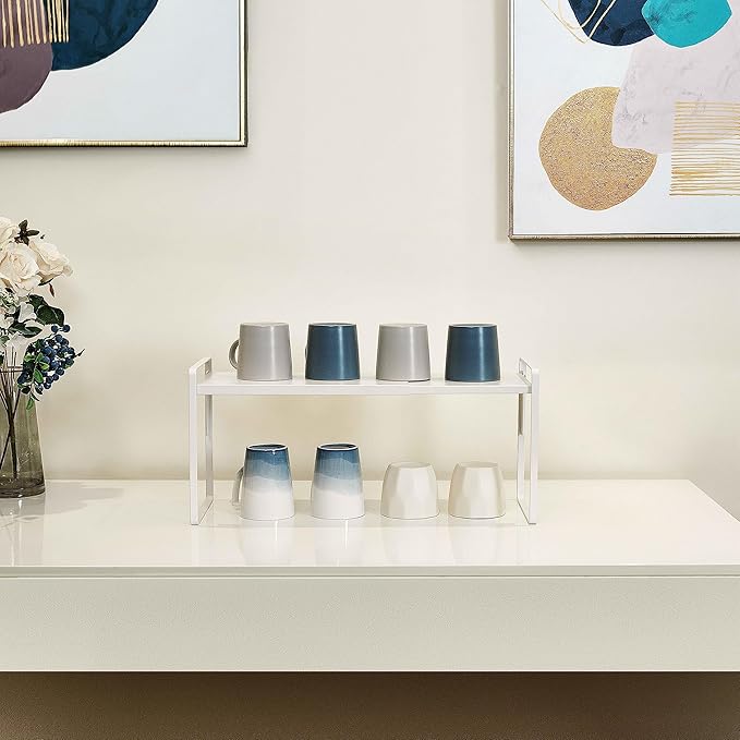 Nxconsu Cabinet Shelf Expandable Height Adjustable Shelf Organizer Riser for Kitchen Cabinet Pantry Cupboard Under Sink Countertop Organization Storage Space Saver Stackable Heavy Duty Metal White XXL