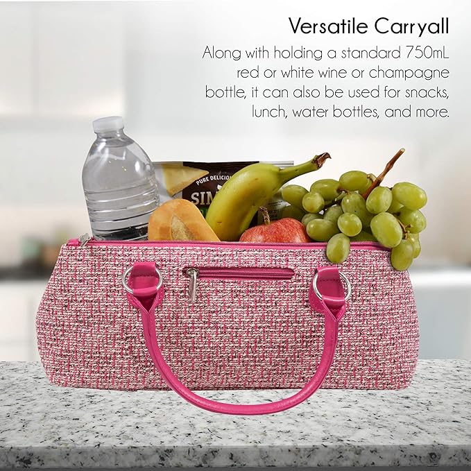 Wine Clutch Bag (Thermal Insulated) Trendy Women’s Carry Tote | Holds Red & White 750mL Bottles | Trendy Fashion | Incl. Portable Waiter-Style Corkscrew (Pink Tweed)