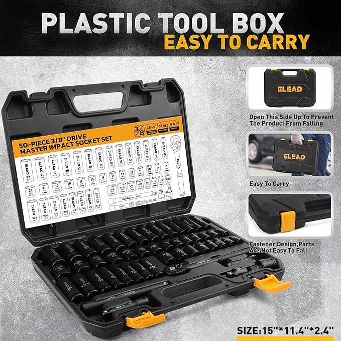 3/8'' Drive Impact Socket Set - 50-Piece Shallow & Deep Socket Set Metric and Standard Full with Universal Joint, Extension Bar, 1/2 to 3/8 Reducer, Hex Shank Socket Adapter, Ratchet Handle