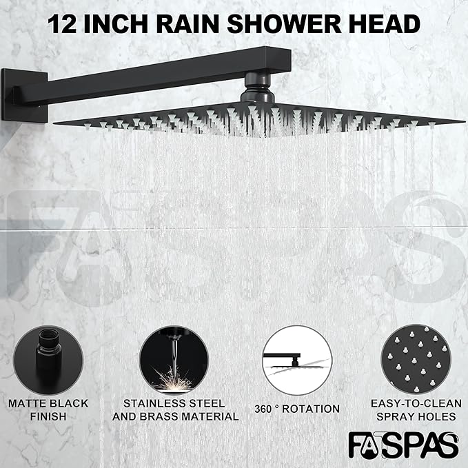 Shower Faucet Set, Shower System with 12 Inch Rain Showerhead and Handheld Shower, Wall Mounted High-Pressure Showerhead Combo Set Included Valve and Trim, Matte Black