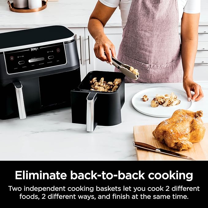 Ninja DZ302 Foodi 10-qt. 6-in-1 DualZone Smart XL Air Fryer with 2 Independent Baskets, Match Cook & Smart Finish to Air Fry, Air Broil, Roast, Bake, Dehydrate, & Keep Warm, Black