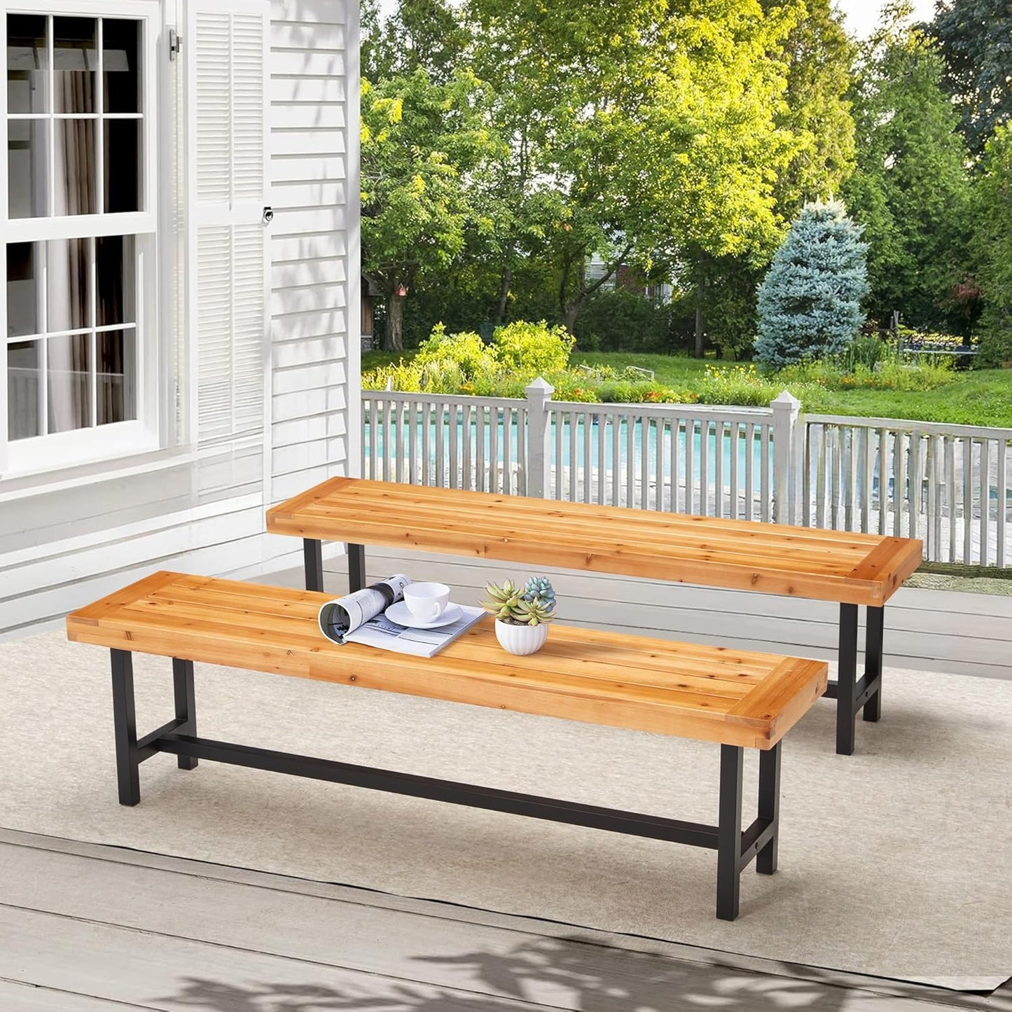 AVAWING Outdoor Wood Benches Set of 2, Patio Wooden Picnic Bench Waterproof, Backless Long Garden Park Chair for Porch, Balcony and Deck, Natural