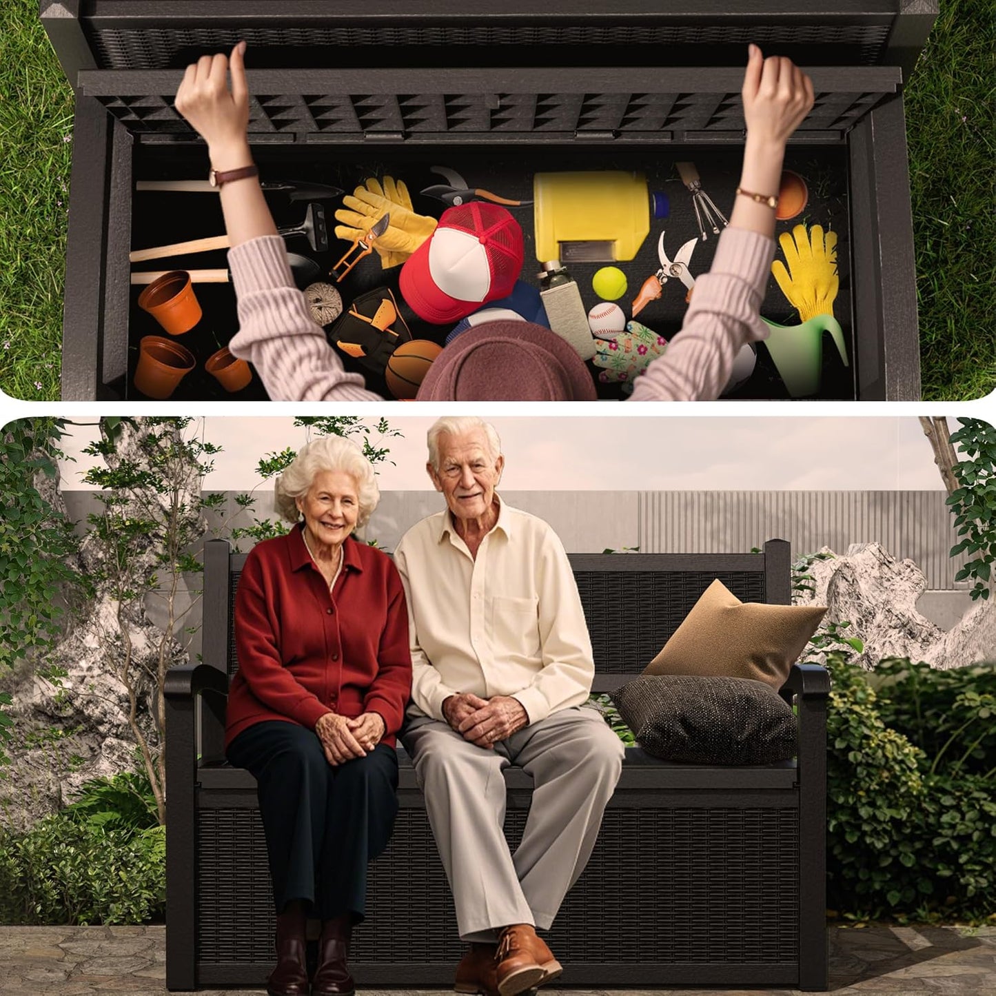 DRATO 75 Gallon Storage Bench Deck Box Outdoor Indoor,Lockable Durable All-Weather Seating with Hidden Storage,Deck Storage for Garden, Pool, Patio,Black