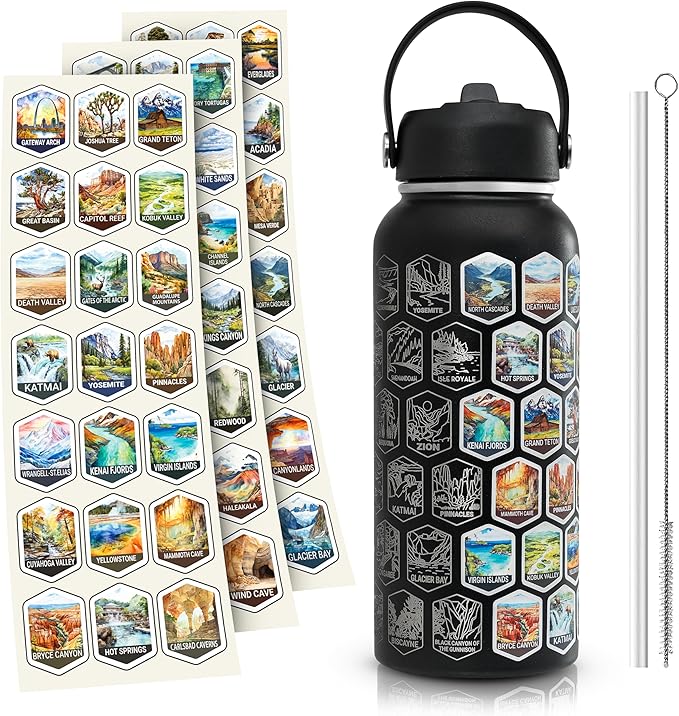 National Parks Water Bottle - Engraved Parks of the USA Bucket List Water Bottle - 63 National Park Stickers, Straw, Cleaning Set - Vacuum Sealed Stainless Steel Water Bottle - 32oz (Black)