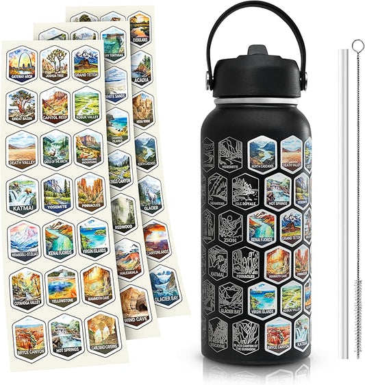 National Parks Water Bottle - Engraved Parks of the USA Bucket List Water Bottle - 63 National Park Stickers, Straw, Cleaning Set - Vacuum Sealed Stainless Steel Water Bottle - 32oz (Black)