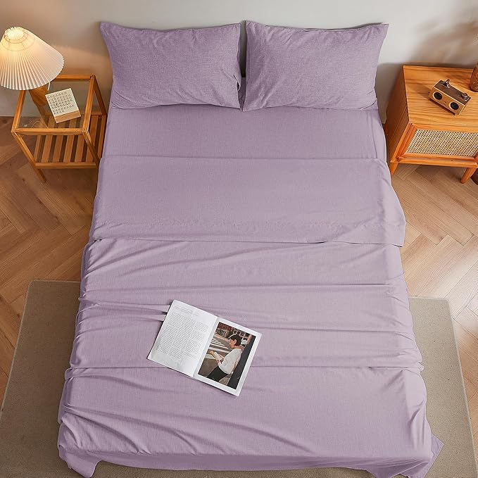 Full Sheets Purple, Ultral Soft Cationic Linen Look Sheets, Luxury Cooling Cozy Bed Sheet Set with Non-Slip Fitted Sheet