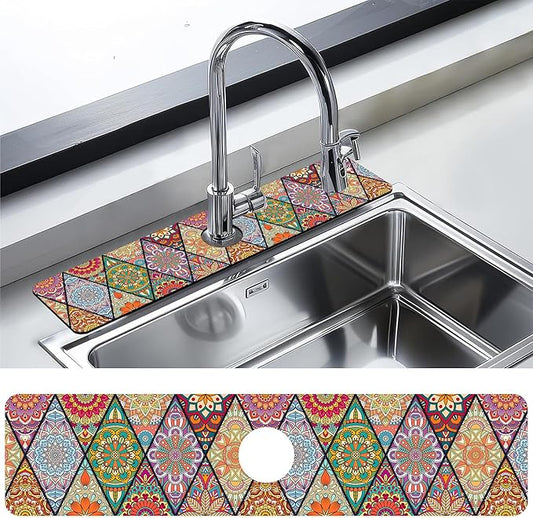 Kitchen Faucet Mat Bohemian Rug Texture Kitchen Sink Splash Guard Faucet Mat,1 PC Splash Guard Behind Faucet Drip Catcher for Kitchen,Sink Mat,Dish Drying Mat,Bathroom Faucet Mat 23.5"X5.5"