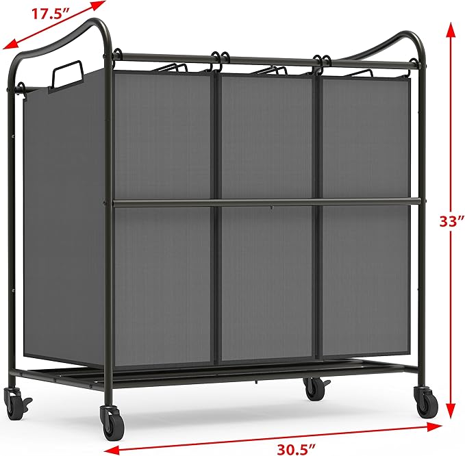 Simple Houseware Heavy Duty 3-Bag Laundry Sorter Rolling Cart, Dark Grey – Durable Triple Laundry Hamper with Removable Bags and Lockable Wheels for Efficient Laundry Organization