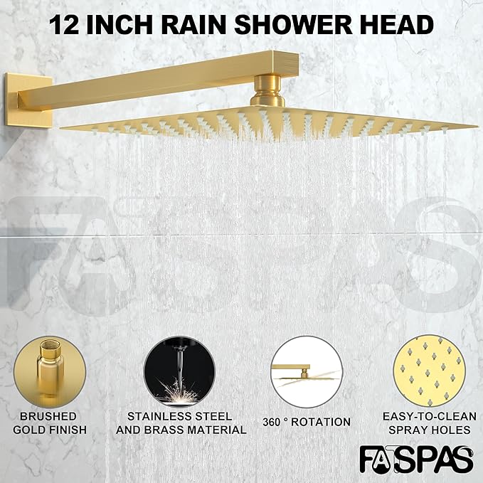 Shower Faucet Set, Shower System with 12 Inch Rain Showerhead and Handheld Shower, Wall Mounted High-Pressure Showerhead Combo Set Included Valve and Trim, Brushed Gold