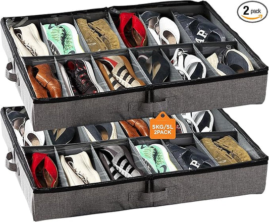 storageLAB Slim Under Bed Storage Containers, Closet Organizers with Sturdy Handles for Clothes, Comforters, and Accessories, Use Under or at the End of the Bed - 2 Pack, Dark Grey