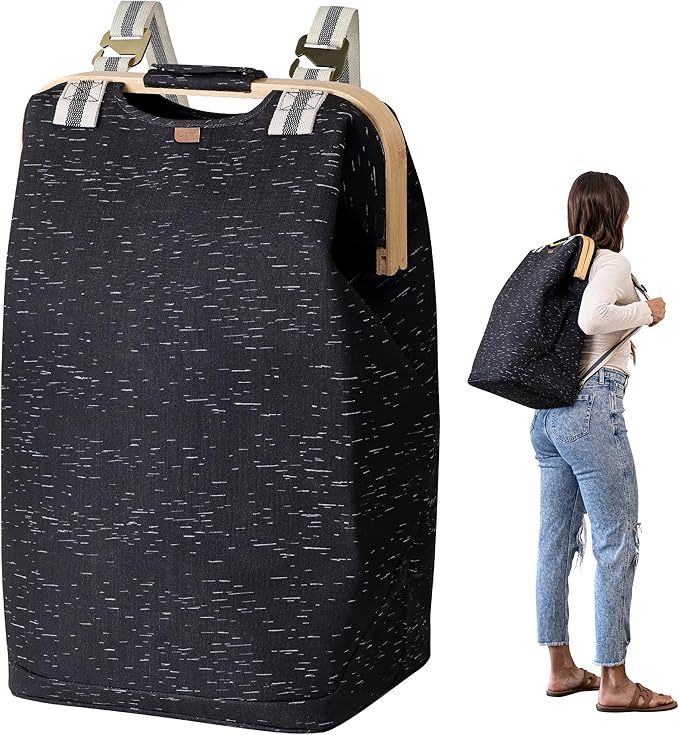 CleverMade Collapsible Laundry Backpack Hamper - Black Birch 45L / 12 Gal 30 lbs - Space Saving Storage Organizer with Strap Home Organization