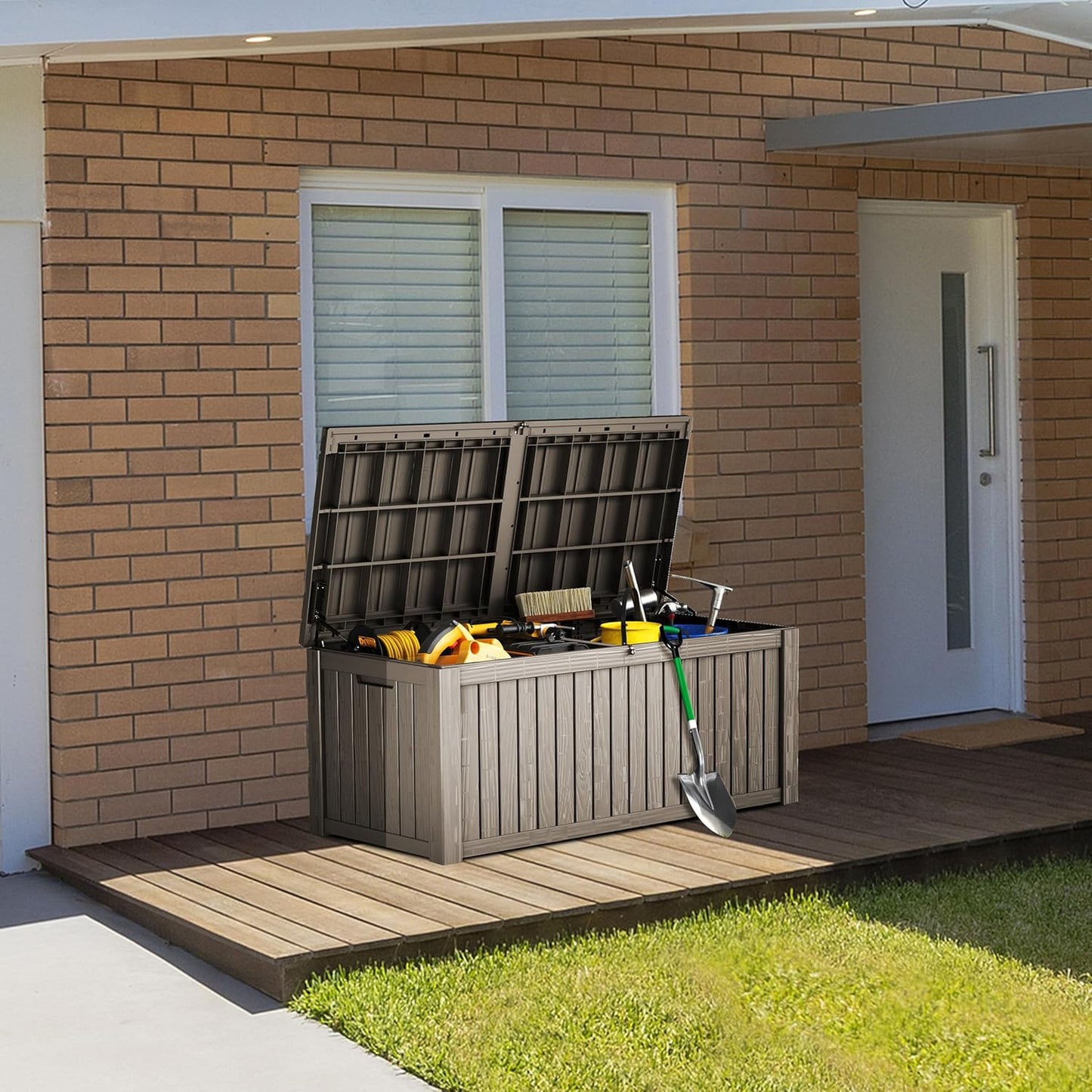 150 Gallon Double-Wall Resin Deck Box - Lockable Waterproof Outdoor Storage Box, 1000lbs Capacity & Doubles as Seating for Patio Furniture - Garden Tools, Pool Accessories (Brown)