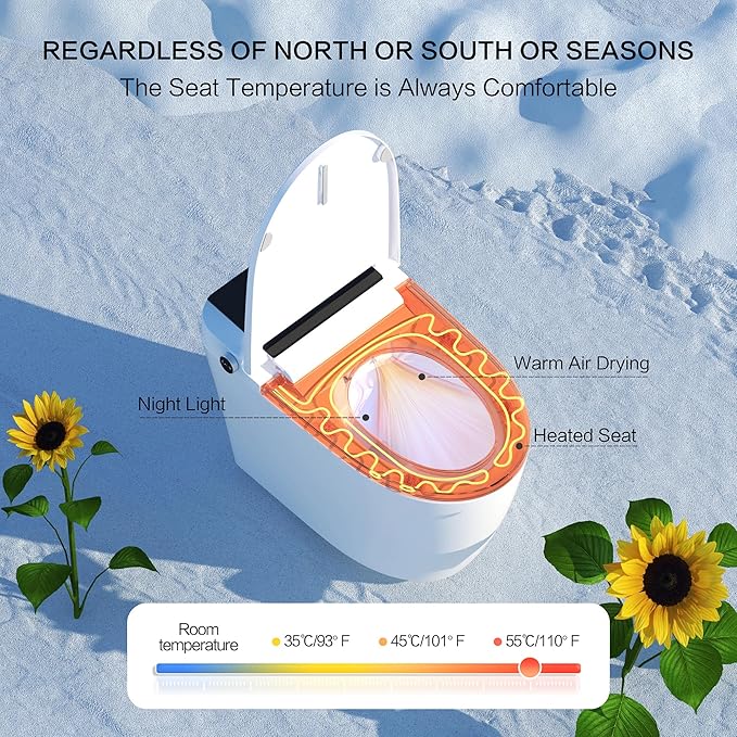 Smart Toilet with Built-In Bidet, Heated Seat, Dual Auto Flush with Foot Sensor, Tankless Design, Warm Water Wash & Dry, Modern Elongated Electric Toilet, LED Display, 1000g MAP, 1.28GPF