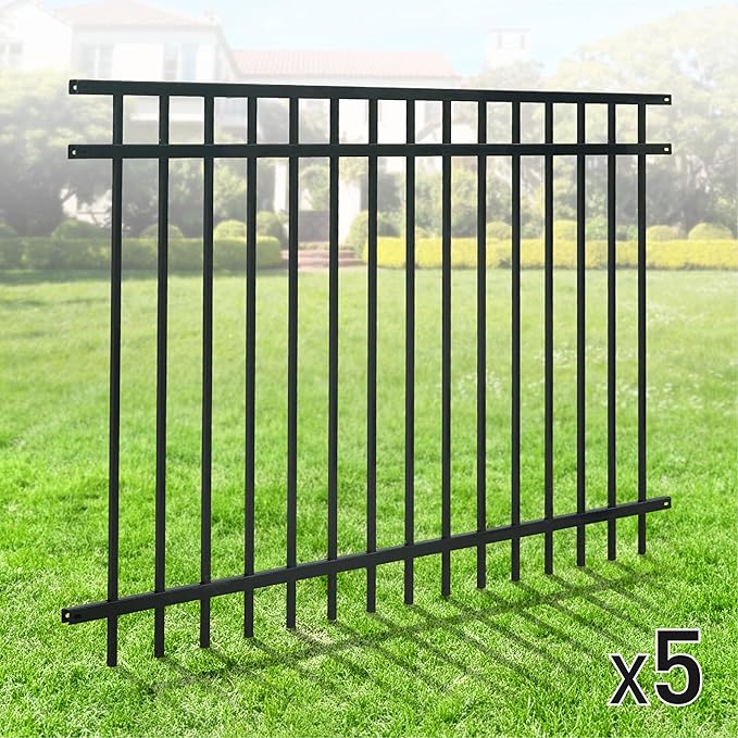 Fencer Wire Heavy Duty Flat Top Fence Barrier Panel, 4FT Height X 6FT Width Anti-Rust Metal Fencing Panel, 2” Diameter Steel Outdoor Decorative Garden Fence Panel for Yard, Pool, Patio, Pack of 5