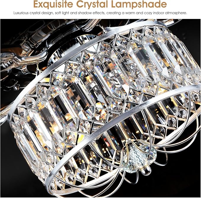 Chandelier Ceiling Fans with Lights - 52 Inch Modern Farmhouse Fandelier Ceiling Fan with Remote, Crystal Ceiling Fan Light for Bedroom Living Room, Dual Finish Wooden Blades, Chrome