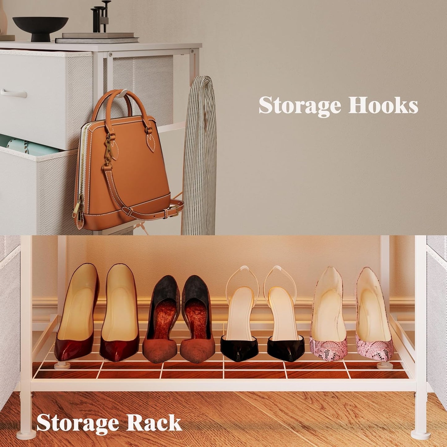 LUMTOK 55" W 2-in-1 Dresser with Hanging Rack, 10 Drawers Dresser for Bedroom, White Drawer Dressers with LED Lights, Charging Station and Hanging Racks for Bedroom