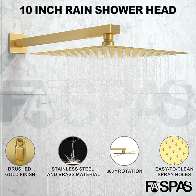 Shower Faucet Set, Shower System with 10 Inch Rain Showerhead and Handheld Shower, Wall Mounted High-Pressure Showerhead Combo Set Included Valve and Trim, Brushed Gold