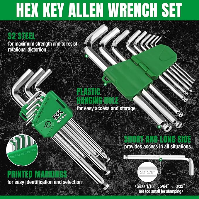 SK 9-Piece Allen Wrench Set, Hex Key Set, SAE Ball End Hex L-Key, S2 Steel
