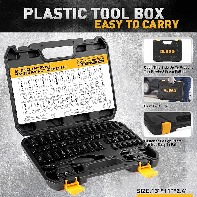 ELEAD 1/4" Drive Impact Socket Set, 56-Piece Standard SAE (5/32 to 9/16 inch) and Metric (4-15mm) Size, Deep & Shallow, 6 Point, Cr-V, 72-Tooth Ratchet Handle, Extension Bar, Universal Joint