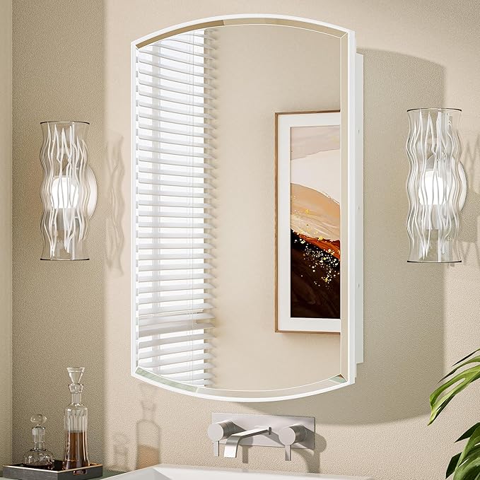 Keonjinn Medicine Cabinet 16 x 26 Inch, Surface Mount or Recessed Cabinets with Mirrors, White Metal Framed Wall Mirror with Storage, 2 Adjustable Shelves, Beveled Edge Frame