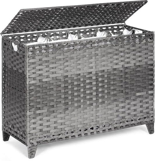 Laundry Hamper with 4 Removable Liner Bags; 176L Handwoven Rattan Laundry Basket with Lid & Heightened Feet; Clothes Hamper with Side Handles(Gray)