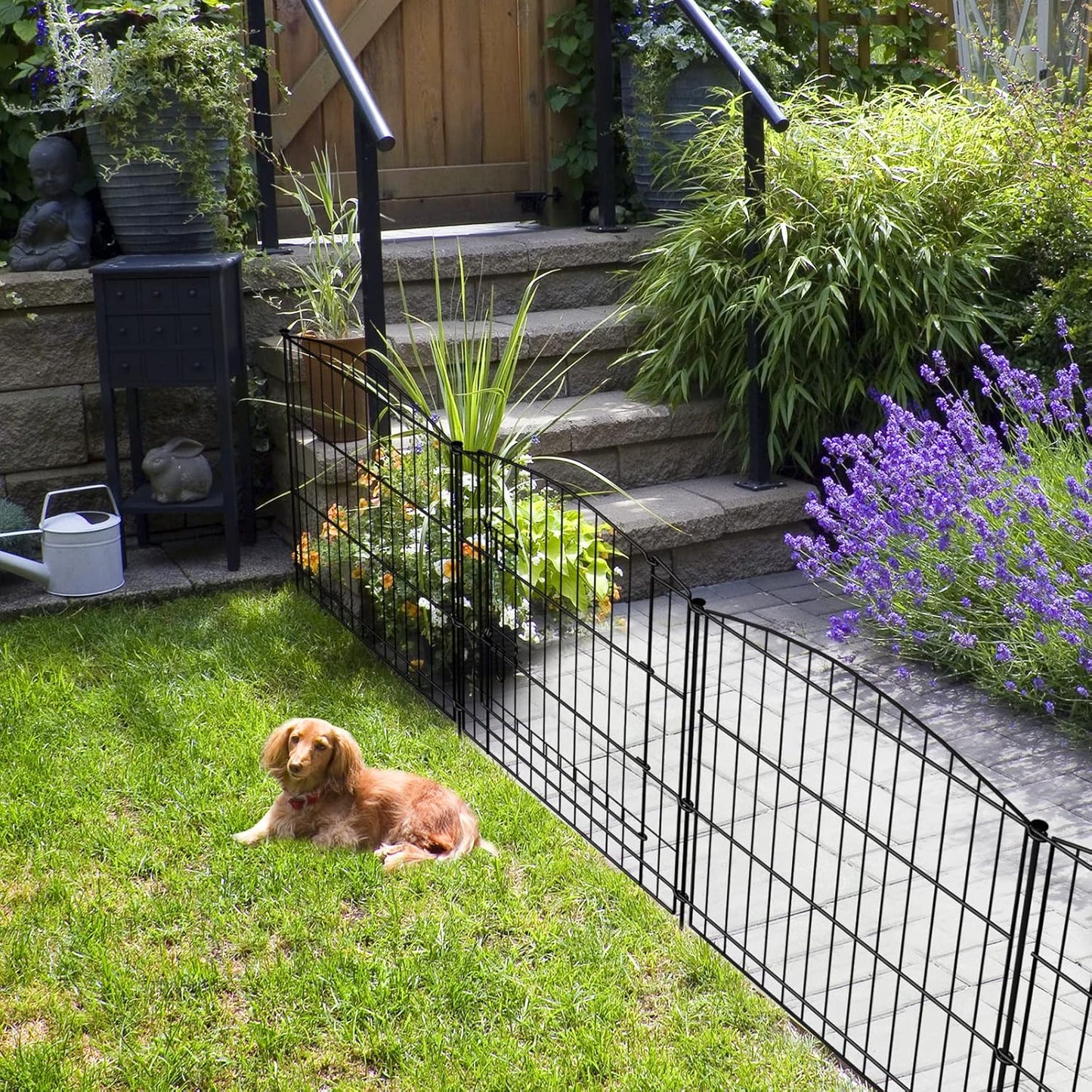 INJOPEXI Decorative Garden Fence 6 Panels 11.8ft (L)×24in (H) with 5 Panels 1 Gate Rustproof Wire No Dig Animal Barrier Fencing for Outdoor Backyard Black