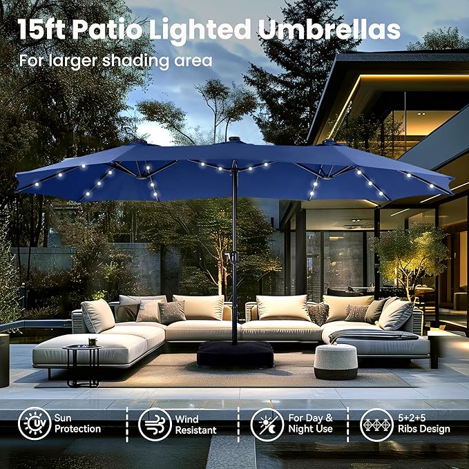 PHI VILLA 15ft Large Patio Umbrella with Solar Lights, Double-Sided Outdoor Market Rectangle Umbrellas with 36 LED Lights, Umbrella Base (Stand) Included, Haze Blue