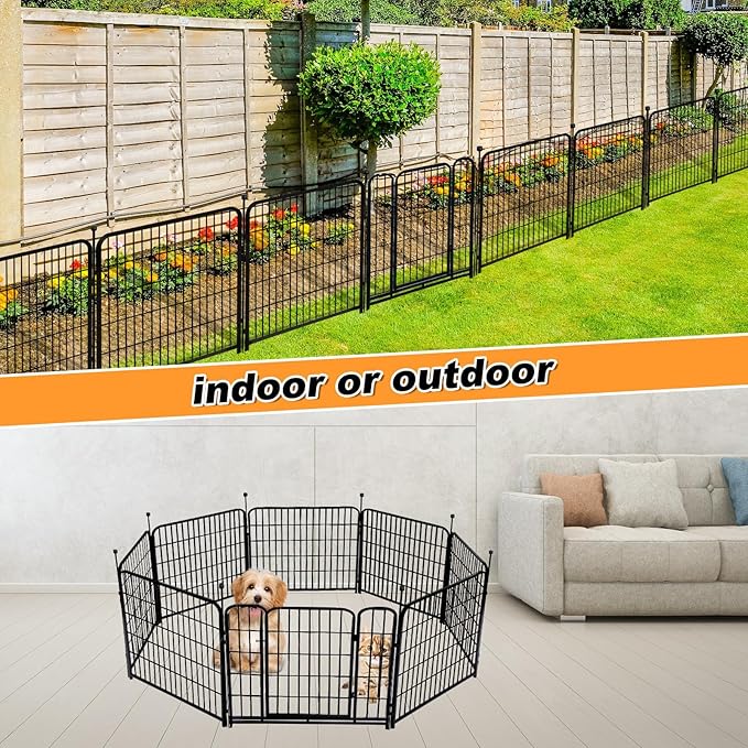 24 in(H) Decorative Garden Fences with Gate, 8 Panels Total 15.7 ft(L) Heavy Duty Iron Animal Barrier Fence for Yard,Suitable for Indoor Pet Fence Or Outdoor Dog Fencing, Garden Border Fence