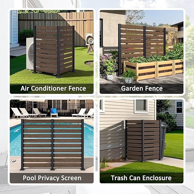 MUPATER 5FT×6.5FT No-Dig Wood Privacy Screen,Versatile Outdoor Screen for Hard Surfaces & Soil,Dual Setup Modes,Sturdy Aluminum Post,Decorative Fence Panel, Air Conditioner Enclosure, Brown (2 Panels)