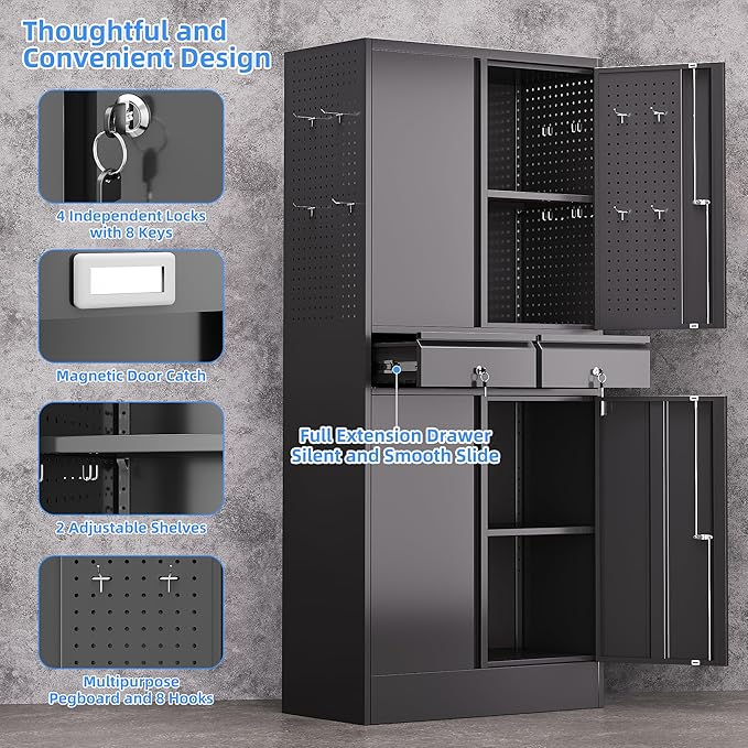 Metal Garage Storage Cabinet with Pegboards and Hooks,MetalTool Storage Cabinet with 2 Drawer and 2 Adjustable Shelves for Garage,Warehouse,Home,Office,School,Requires Installation,Black