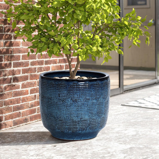 LuxenHome 15.5-Inch Dia Ceramic Planters, Large Outdoor Indoor Plant Pots with Drainage Hole and Rubber Plug, Modern Ocean Blue Glazed Round Flower Pot Planters for Home Garden Patio
