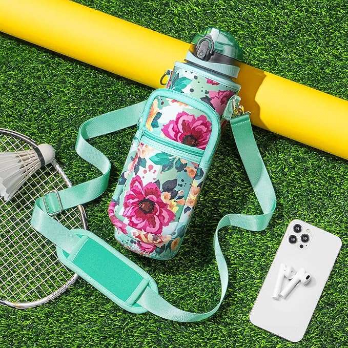 Fimibuke 32 oz Water Bottle with Sleeve - BPA Free Leakproof Sport Large 1L Plastic Motivational Water Bottle with Straw Strap & Insulated Neoprene Holder Carrier Bag Great Xmas Gift for Women Men