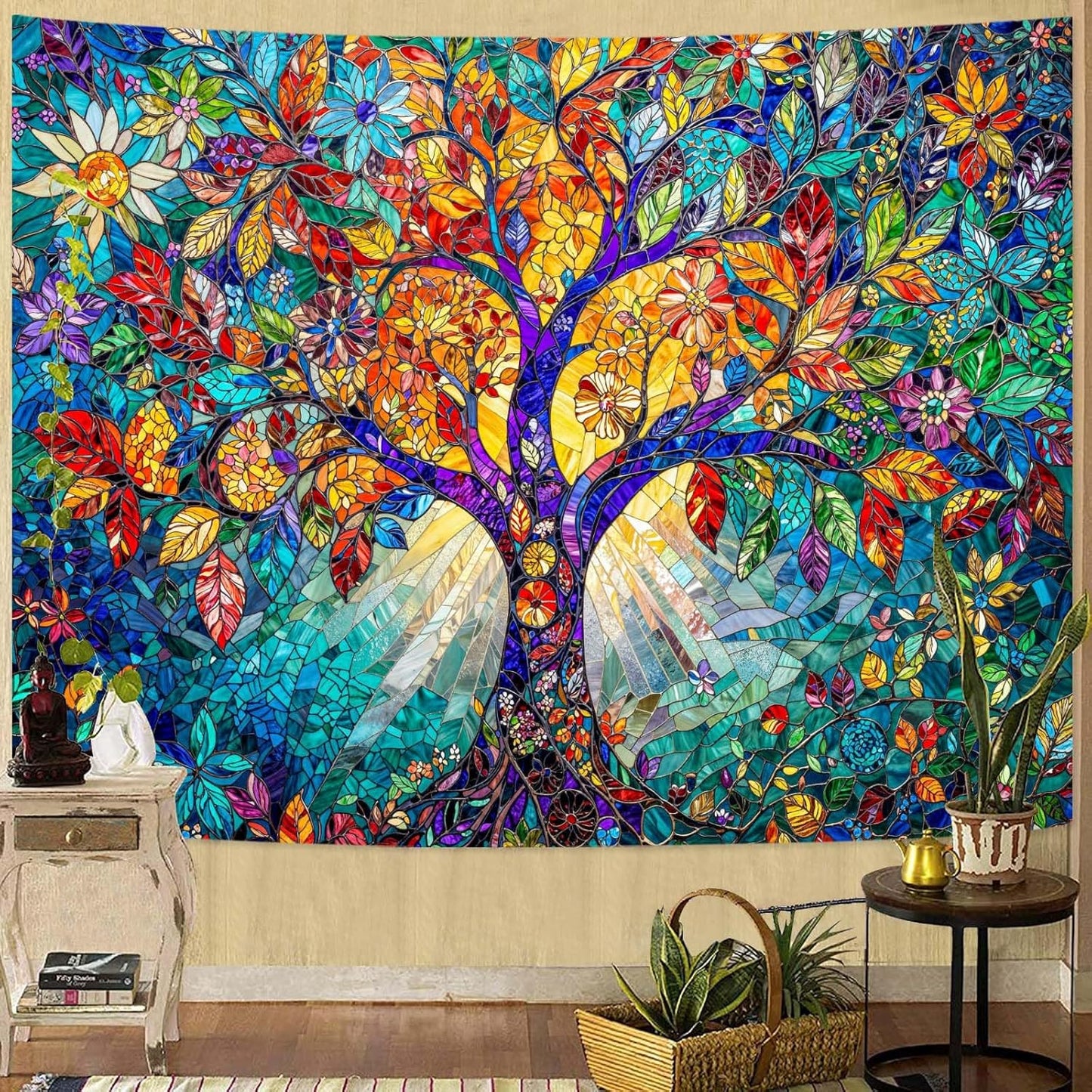 Lunerfex Tree of Life Tapestry Stained Glass Tapestry Wall Decor Tapestries for Bedroom Art Tapestries Wall Hanging for Bedroom Living Room Glass-Tree-02 70"x90"