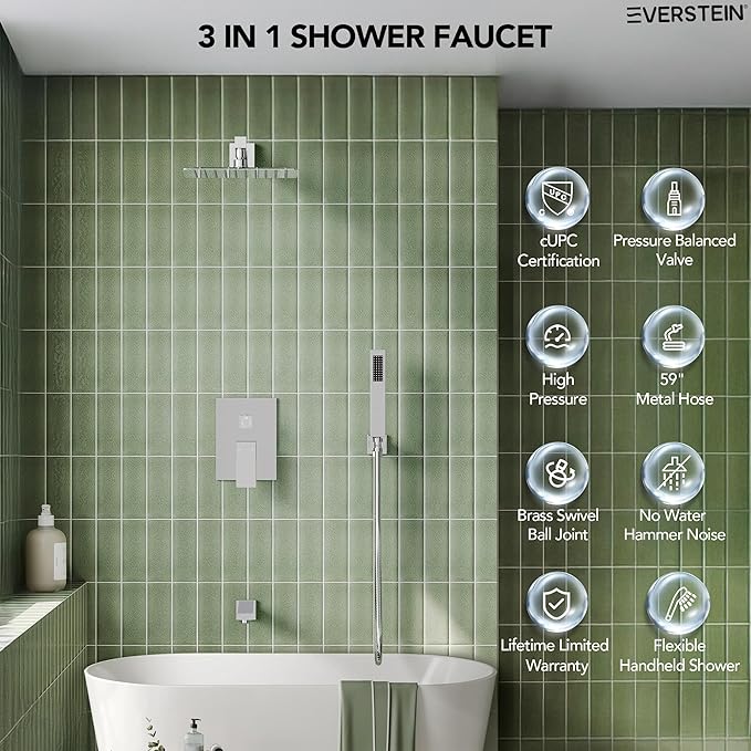 Shower Tub Faucet Set, 10" Bathroom Rainfall Shower Head Fixtures Combo with Handheld Spray and Tub Spout, Chrome