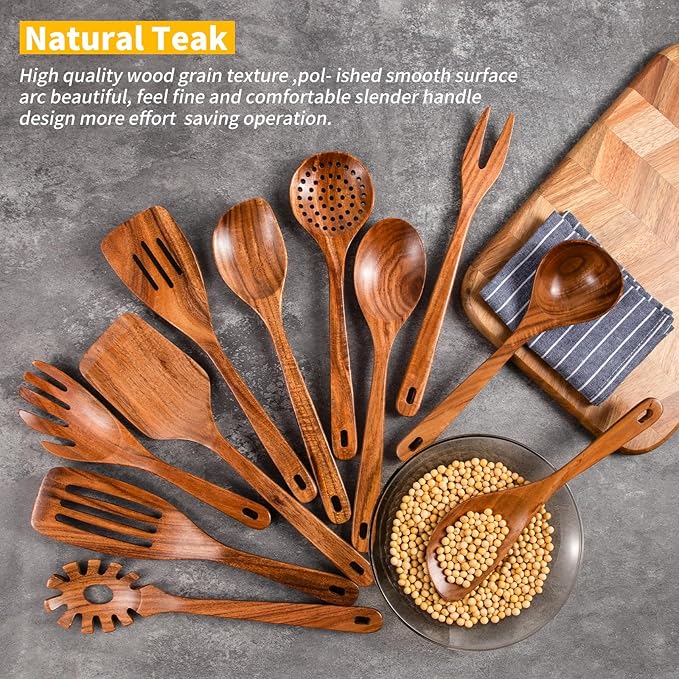 GUDAMAYE 11 PCE Wooden Spoons for Cooking, Wooden Kitchen Utensils Set,Wooden Cooking Utensils,Natural Teak Wooden Spoons For Non-stick Pan