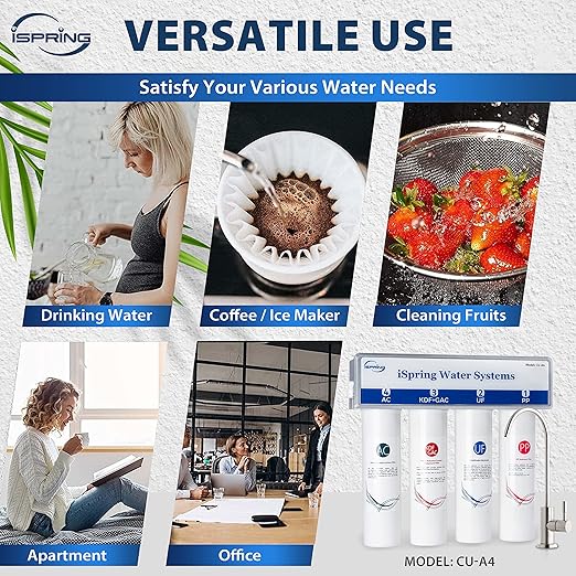 iSpring CU-A4 0.01μm Ultra-Filtration Under Sink Water Filter System, Tankless 4-Stage High Capacity, Remove 99.99% Contaminants, Quick Filter Change with Brushed Nickel Faucet, White