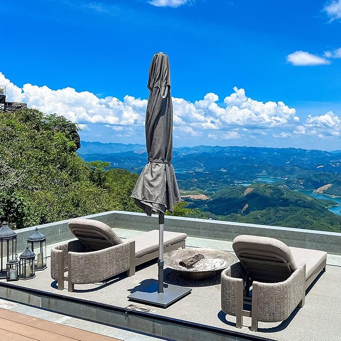 PURPLE LEAF 9 FT Semi-Auto Outdoor Patio Umbrella Market Table Sun Umbrellas with 8 Aluminum Sturdy Ribs for Backyard Deck Garden Pool (Silver Pole Gray Canopy)